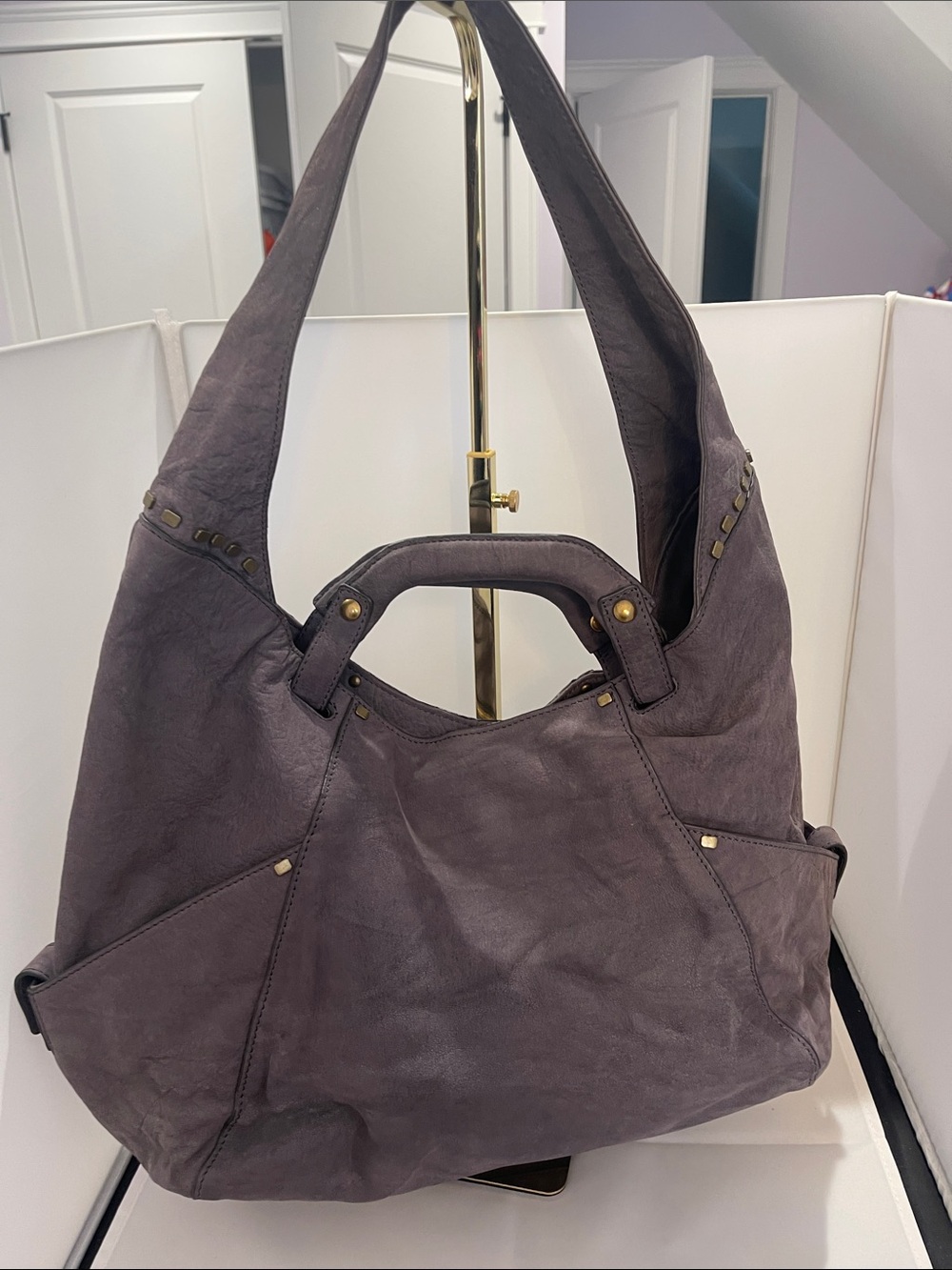 Kooba Gray Leather Hobo with Brass Accents